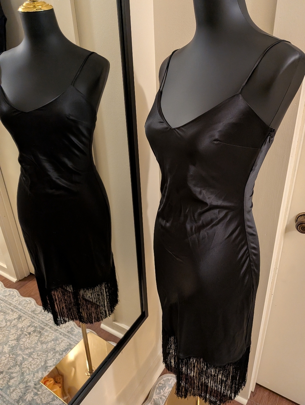 Ciao By Cc Noir Mini Satin Slip Dress Fringe Trim Little Black Dress